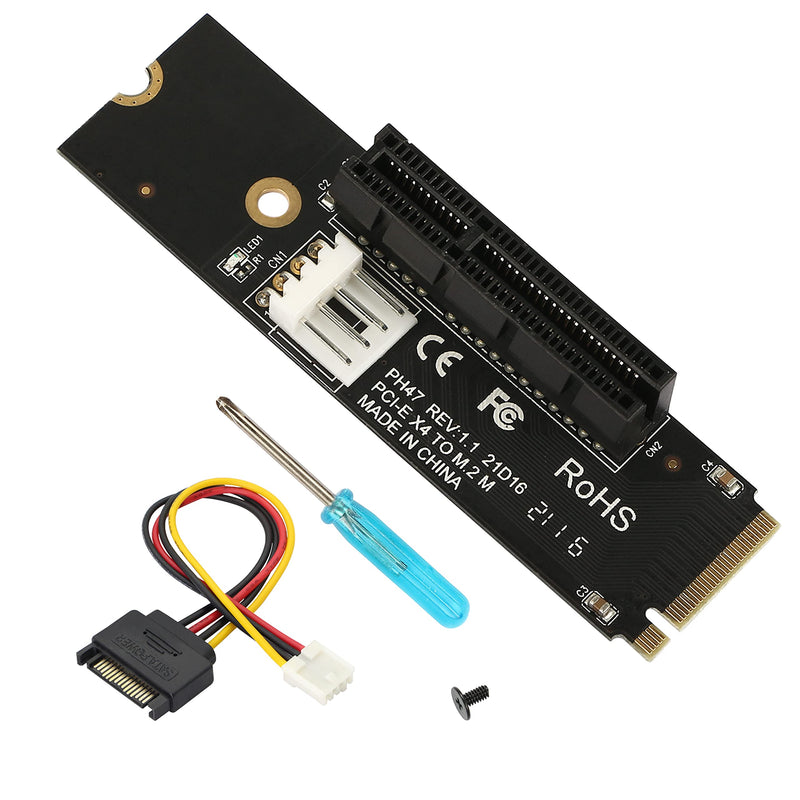 [Australia - AusPower] - GELRHONR NGFF M.2 to PCI-E 4X 1X Riser Card,M.2 Key M 2260 2280 SSD Port to PCIE Adapter with LED Indicator SATA 15pin Power Riser for Bitcoin Miner Mining-Black 