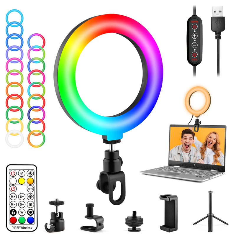 [Australia - AusPower] - 6.3'' RGB Ring Light with Stand and Phone Holder Laptop Adapter, Video Conference Lighting with 26 RGB Modes,3 Normal Colors,6 Dynamic Speed Regulation Selfie LED Light for Makeup,Live,YouTube,TIK Tok 