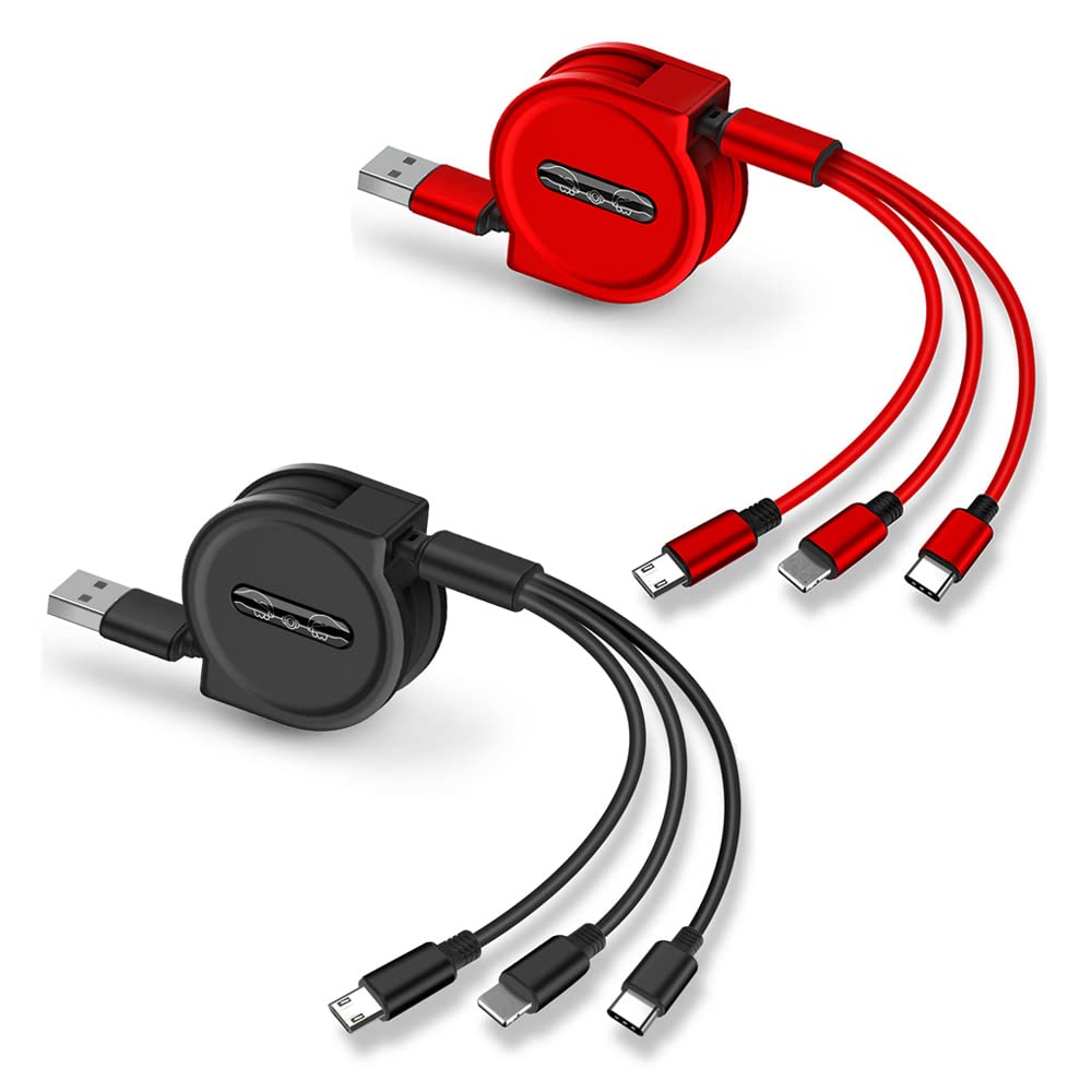 [Australia - AusPower] - 3 in 1 Multi Fast Data Cable, 1.2 m Retractable Fast Charger Cord, with Type-C/Phone/Micro-USB Port, Suitable for Mobile Phones, Tablets and Most Electronic Devices, Car Etc. (Red + Black) 