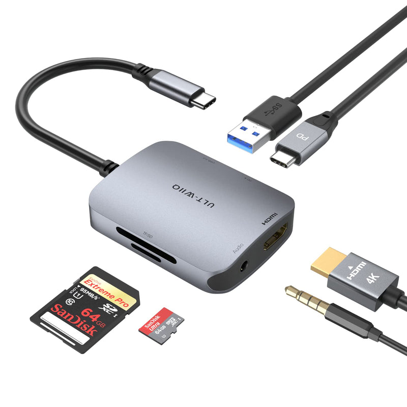 [Australia - AusPower] - USB C Hub Adapter, USB C HDMI Mini Dongle, 6 in 1 USB C Hub Multiport Adapter with 4K HDMI, 100W PD, USB 3.0, SD/TF Card Reader, 3.5mm Audio for MacBook Pro/Air, iPad, Dell XPS & Other Type-C Devices 