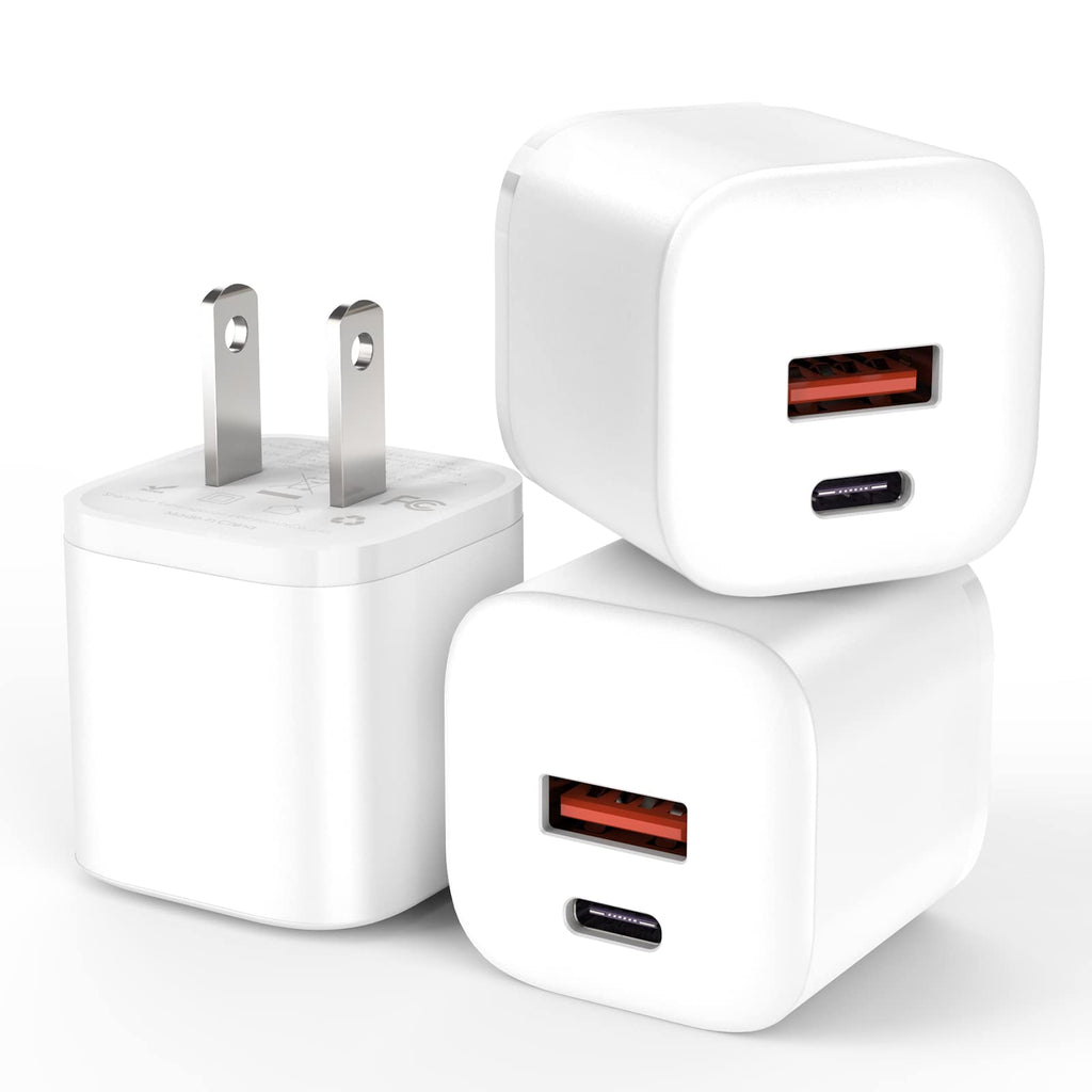 [Australia - AusPower] - iPhone Fast Charger Adapter, 3-Pack 20W Dual Port USB-C & USB-A Wall Charger Adapter for iPhone 13 12 Charging Block Compatible with iPhone 13/13 Mini/13 Pro Max/12/11/XS Max/XS/XR/X, Galaxy, Pixel White 