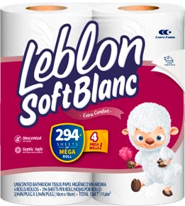 [Australia - AusPower] - Leblon Soft Blanc Toilet Paper with unscented, Extra Comfort, 4 MEGA Rolls= 16 Regular Rolls - 2-Ply Sheets 