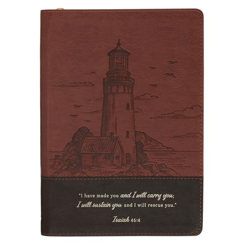 Christian Art Gifts Inspirational Zippered Journal, I Will Carry You Wide Ruled Notebook, Isa. 46:4 Bible Verse, Brown Vegan Leather Lighthouse, 336 Lined Pages w/scripture, (9” x 6.4” x .9”)