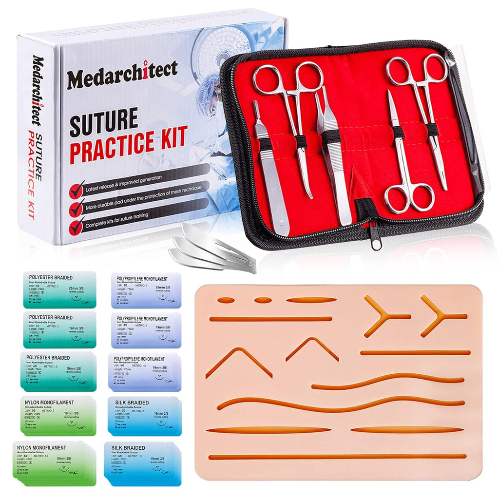 [Australia - AusPower] - Complete Suture Practice Kit for Suture Training, Including Large Silicone Suture Pad with pre-Cut Wounds and Suture Tool kit. Latest Generation Model. (Demonstration and Education Use Only) 