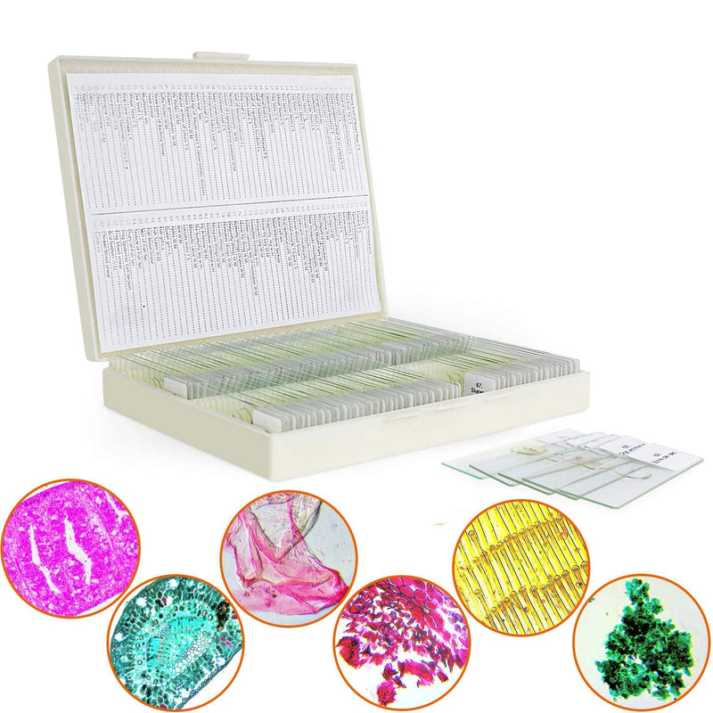 USCAMEL microscope slides with prepared specimens including bacteria, fungi, human tissues, plant cells, insects, and animal samples.