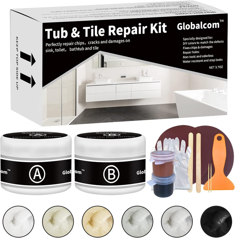 Fiberglass Tub Repair Kit (Color Match), Porcelain Sink, Fiberglass Shower and Acrylic Bathtub Repair Kit White, Quick to Fix Cracks, Chips, Dents, Holes on Bath Tub & Toilet, Almond/Biscuit/Bone
