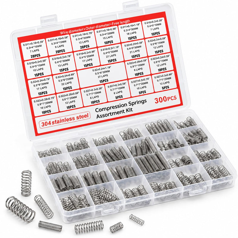 Set of 300 mini stainless steel compression springs in 23 sizes, ideal for DIY repair and mechanical projects.