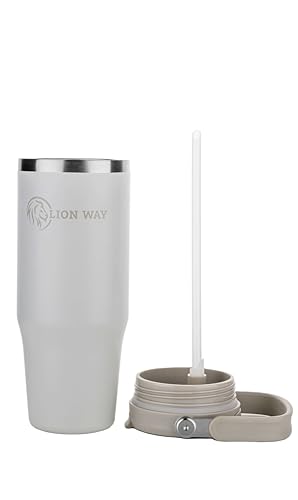 LION WAY FlexiVibe 32 oz Insulated Tumbler - Stainless Steel, Handle & Straw, Leak-Proof, Hot 12hrs & Cold 24hrs, Cup-Holder Compatible, BPA-Free, Gym, Travel Bottle Sandy Veil