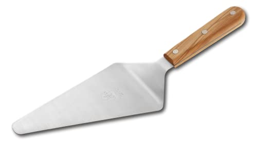 DUE BUOI Triangular Spatula Pizza-Cake Server Olive wood handle. Blade dimension 4.00" x 6.30". Hardened stainless steel. Professional quality restaurant. Full Tang Triple Riveted.