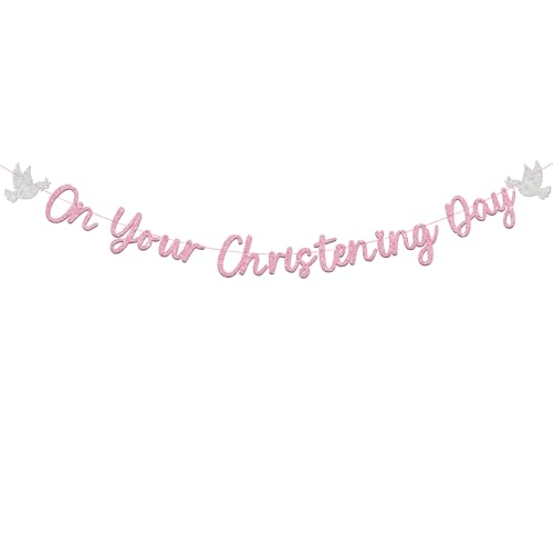 Pink Christening Banner Decorations for Girls Glittering on Your Christening Day DIY Baptism (Pink) Pink