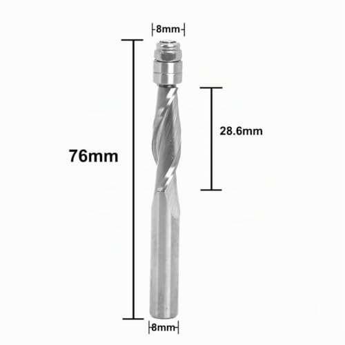 Solid carbide spiral flush cutter, upcut, diameter 8 mm, NL 28.6 mm, shaft 8 mm | 2 ball bearings ensure precise template guidance. Upcut spiral improves chip removal and milling performance. 8x28mm