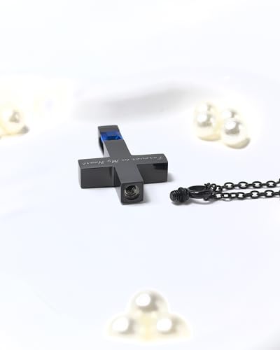 Cross Urn Necklace for Ashes Birthstone Cremation Jewelry Keepsake Pendant for Women Men with Funnel Filler Kit Memorial Gifts for Human Pet Forever in my heart Black Blue