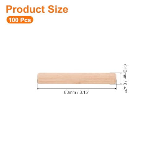 uxcell 100-piece 1/2 x 3-1/8 inch fluted hardwood dowel pins with beveled ends for furniture and DIY crafts