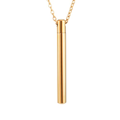 Quiges Gold Stainless Steel Capsule Memorial Cremation Urn Pendant Ash Zirconia - Bar for Cremation with Adjustable Necklace 45-50 cm