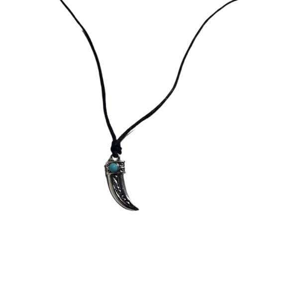 Adjustable Necklace 80-42 cm with Teeth with Stone Turquoise Imitation Wolf Teeth Lion Tiger Lion Leopard Jaguar Black Panther Felines 2 cm High Ethnic Tribal Made in Italy