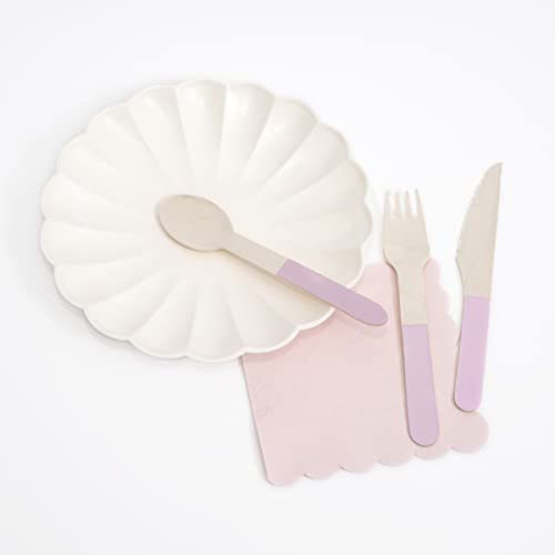 Meri Meri pink wooden cutlery set with forks, knives, and spoons arranged on a white background.