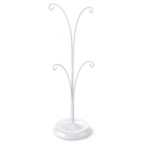 White 4-arm metal ornament display stand, 12 inches tall, ideal for showcasing small tree branch ornaments.