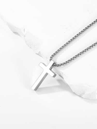 Aretas Stainless Steel Cross Pendant Necklace for Men Boys, Christian Confirmation Baptism Cross Chain with 16-24 Inches Jewelry Easter Gifts 18inch Silver