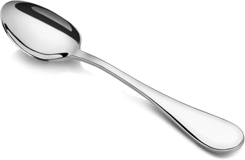 Set of 12 Artaste Rain dinner soup spoons in silver, 7.5 inches long, featuring elegant, curved design for dining and serving.