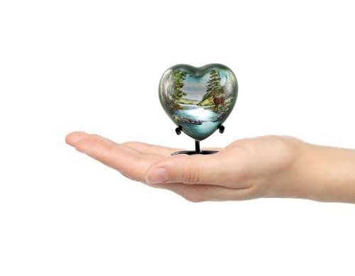 Deer Heart Keepsake Urn for Ashes, Hunting Urn, Mini Buck Urn, Hand Painted Memorial Mini Heart Urn, Handmade Miniature Forest Heart Urn with Stand, Premium Case & Bag, Metal
