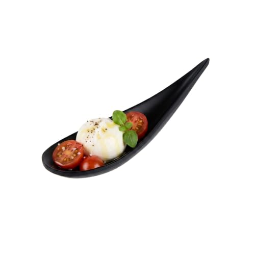 Set of 10 Restaurantware black melamine teardrop tasting spoons, 4.3 inches, perfect for desserts and tasting samples.