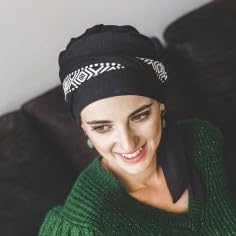 [Australia - AusPower] - CAREBELL Smooth Oncological Turban, Black Ikat Design, Chemotherapy and Alopecia, Bamboo Fabric, Comfortable and Breathable, Suitable for Sensitive Skin 