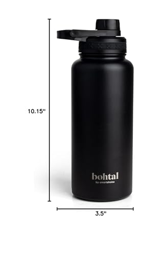 Smartshake Bohtal 960ml/32 oz Insulated Water Bottle, Durable Stainless Steel Water Bottle, Leak Proof Water Bottle, Keep Drinks Hot for 6 Hours, Cold for 12 Hours, BPA-Free, Leak-Proof Lid - Black