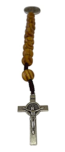 Treasure4U-Store Saint Benedict Medal Prayer Pocket Rosary Catholic Brown Wood Beads San Benito Tenner Open Style One Decade Rosary
