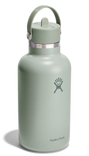 Hydro Flask Water Bottle - Insulated Stainless Steel - Wide Mouth Flex Straw Lid, Non Spill, Leakproof and Refillable in 64 Oz Tonal Agave 64 Ounces