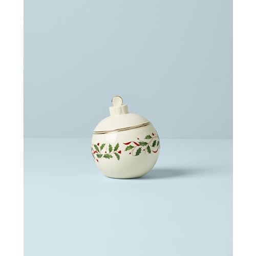 Lenox Holiday Christmas ornament candy jar cookie jar with festive design and red and green accents, perfect for holiday decor.