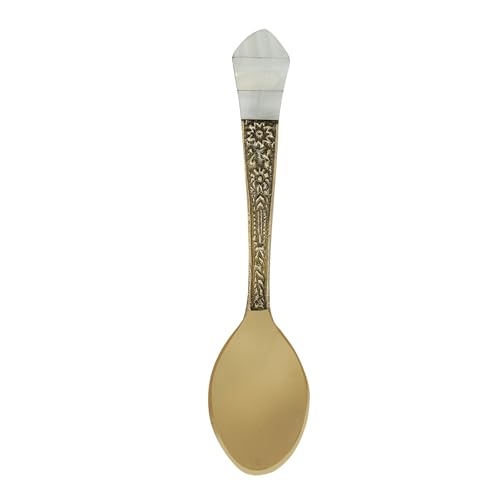 Luxury Teaspoons Antique Brass & Mother of Pearl Inlaid Spoon Set, Gorgeous Small Mixing Sugar Spoon, Dessert Spoon Set Brass Tableware (Set of 4) 5 Inches Set Of 4