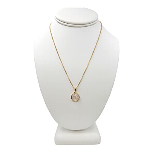 SIFRIMANIA Saint Benedict Mother of Pearl Medal Necklace Gold Plated Ball Chain Handmade