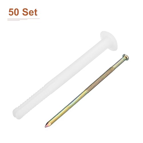 DTGN 1/4 x 3 inch white mushroom nail drive anchors, steel zinc nail nylon drywall rivets, 50-pack