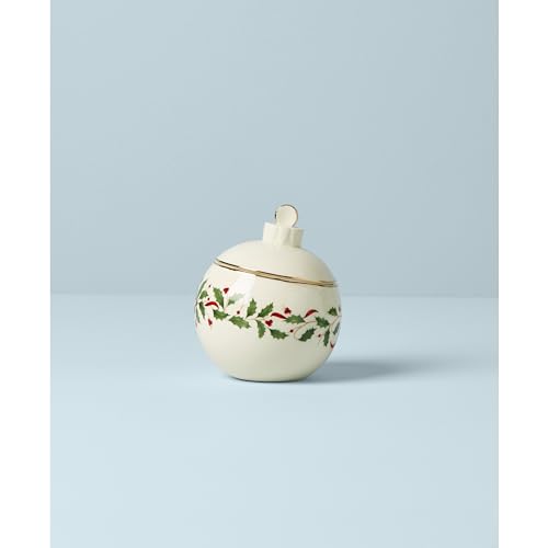 Lenox Holiday Christmas ornament-shaped cookie jar designed as a candy jar with festive holiday detailing.