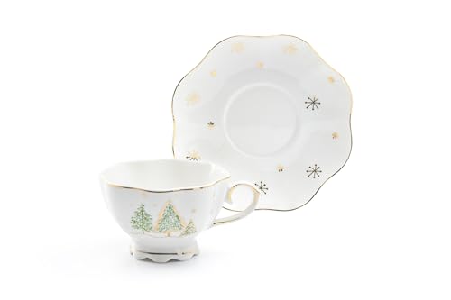 Christmas Pine Trees Fine Porcelain Scallop Shaped Tea Cup and Saucer Set, One Cup with One Saucer Set