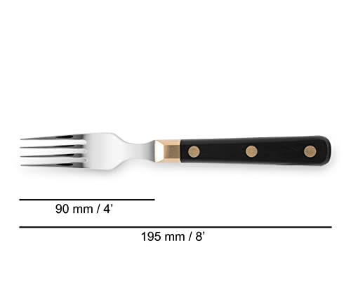ARCOS Steak Fork 4 Inch Nitrum Stainless Steel and 200 mm blade. Ergonomic Polyoxymethylene POM Handle. Series Mesa. The serrated edges make them perfect for cutting and chopping. Color Black and Gold Silver