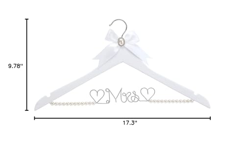White Solid Wood Bridal Dress Hanger with Lady Wire Lettering for Bridal Wedding Party Gift (Pearl Silver Thread and White Hanger)