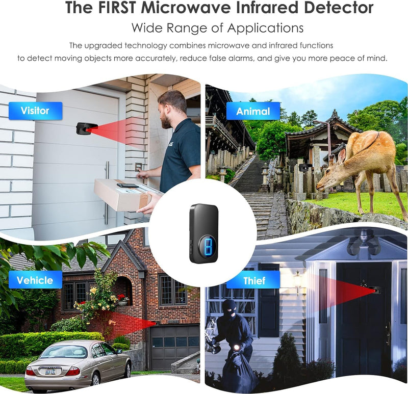 [Australia - AusPower] - Driveway Alarms Wireless Outside Weatherproof Battery Powered,Motion Sensor Detector Security Alert System,Long Range 500ft,58 Chimes,5 Level Volumes (BLACK) 2 Motion Sensors + 1 Receiver + 1 Button 