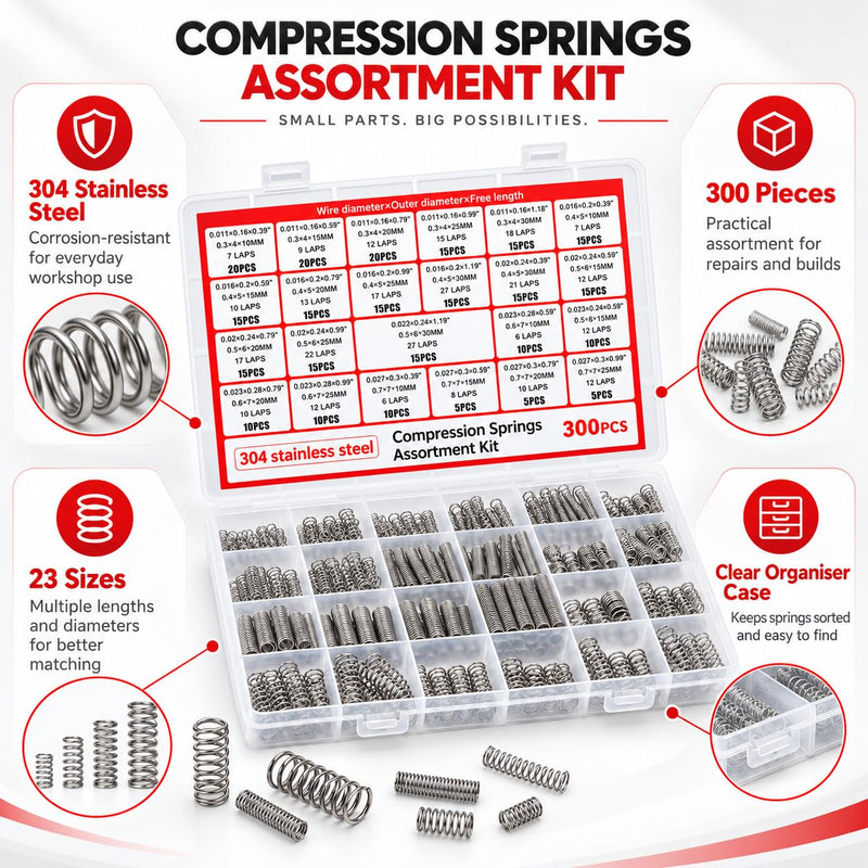 Assorted mini stainless steel compression springs in various sizes from Dianrui, used for DIY mechanical repair projects.