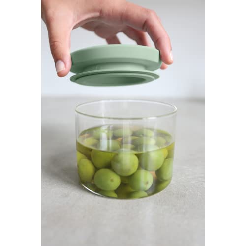 Brabantia 3pc Stackable Glass Food Jars (Mixed Colors) 0.08 + 0.16 + 0.3 Gal Heat-Safe, Dishwasher-Safe, Air-Tight Pantry Organizers Gray / Jade Green 3 Pack