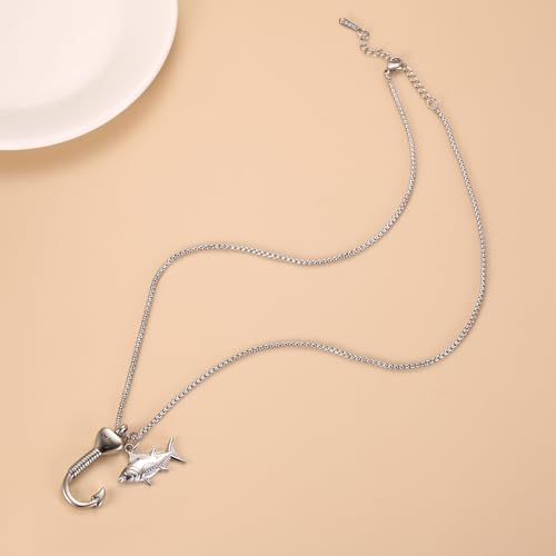 Fish Hook Urn Necklace For Men Stainless Steel Cremation Jewelry For Ashes Of Loved Ones Keepsake Pendant Dad Gone Fishing Silver