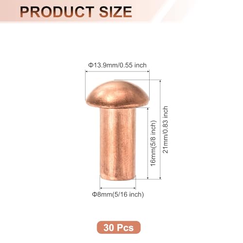 uxcell 30-piece copper solid rivets, 5/16 x 5/8 inch, round head, copper tone for electrical applications
