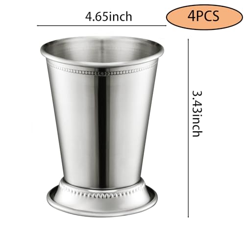 Mint Julep Cups: Set of 4, Metal 12 oz Cocktail Glasses, Stainless Steel Glasses, Party Supplies (4)