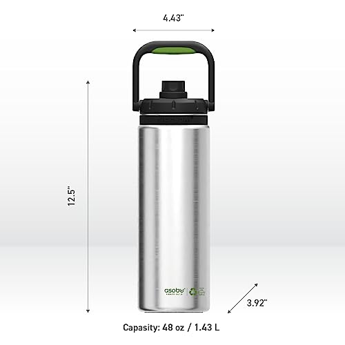 Asobu Recycled Canyon Insulated Water Jug 48oz Tall & Slim Design Full Handle with Silicone Comfort Grip Easy Clean - Stainless Steel Vacuum Insulated - Wide Mouth - Cold Water and Ice Compatible Silver