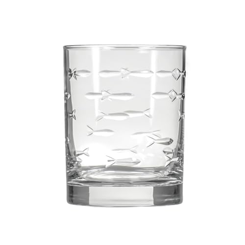 Rolf Glass School of Fish 13 oz Double Old Fashioned Whiskey Cocktail Glass | Set of 2 | Engraved Lead-free Tumbler Glasses | Made in the US 13oz Double Old Fashioned 2 Count (Pack of 1)
