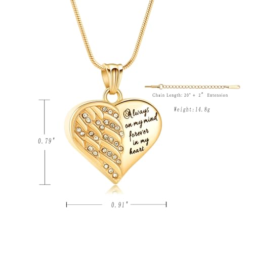 Heart Urn Necklace for Ashes for Women Men Angle Wings Cremation Jewellery Keepsake Pendant Memorial Locket Ash Holder Forever In My Heart Gold