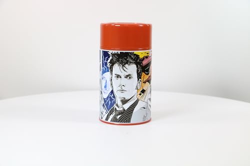 Surreal Entertainment Doctor Who Tenth Doctor Tin Titans lunchbox with beverage container featuring TARDIS design and Doctor image.