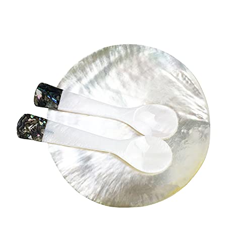 DUEBEL MOP Caviar Server Set, Plate Plus Set of 2 Mother of Pearl Caviar Spoons with Green Abalone 3.5” Decoration for Caviar, Appetizer, Dessert, Egg, Icecream