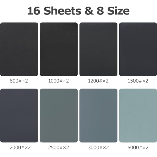 Sandpaper Set, Emery Paper Fine 5000 3000 2500 2000 1500 1200 1000 800 Wet and Dry Sandpaper for Car, Wood Furniture, Metal, Stone, Varnish, Glass, 23 x 28 cm (Pack of 16) 16 pieces: 800-5000