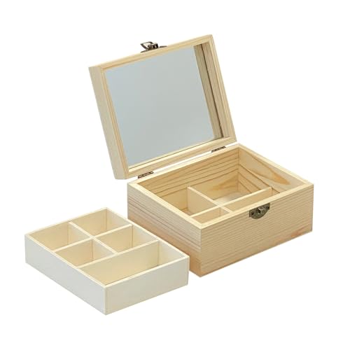 Cregugua 3 Pack Unfinished Surface Wood Jewelry Box (6x4.7x3 in) Small Wooden Chest Case with Glass Mirror